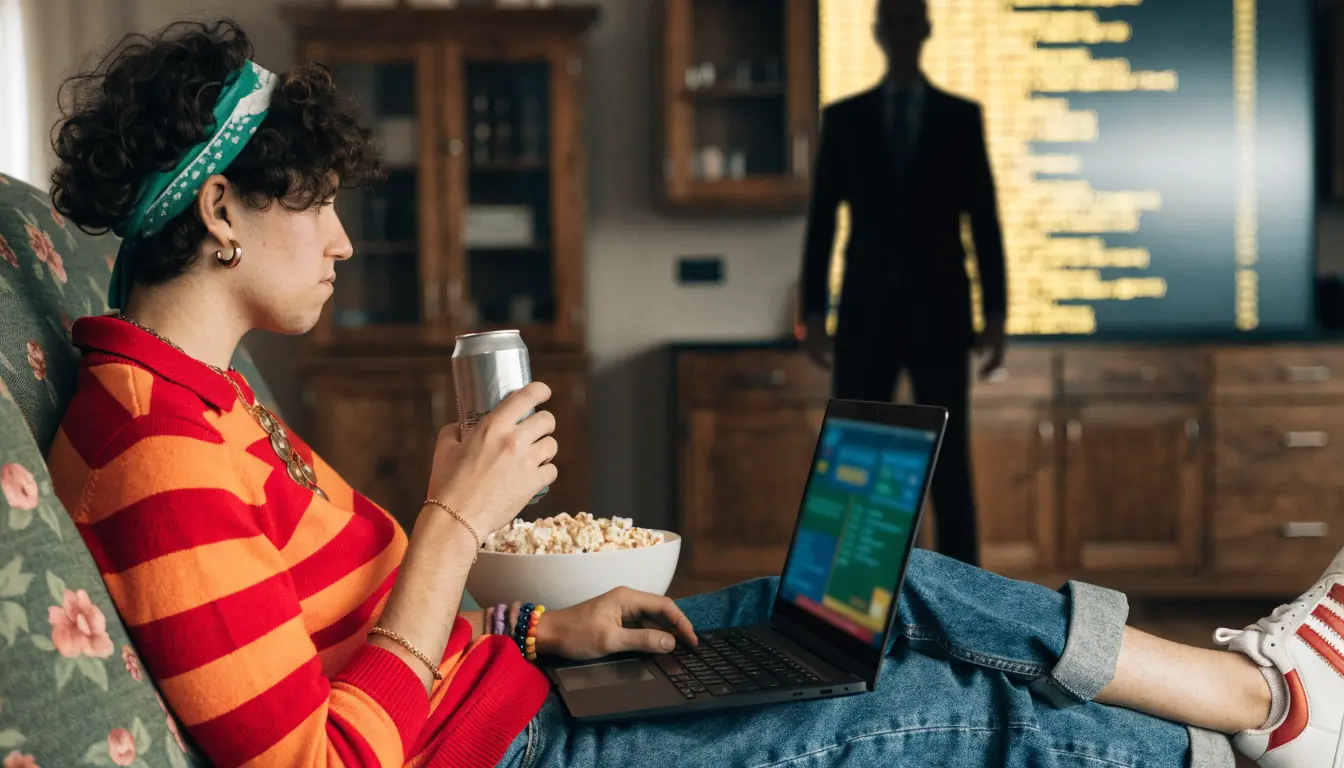 Australian player on couch with laptop, shadowy operator behind legal code screen.