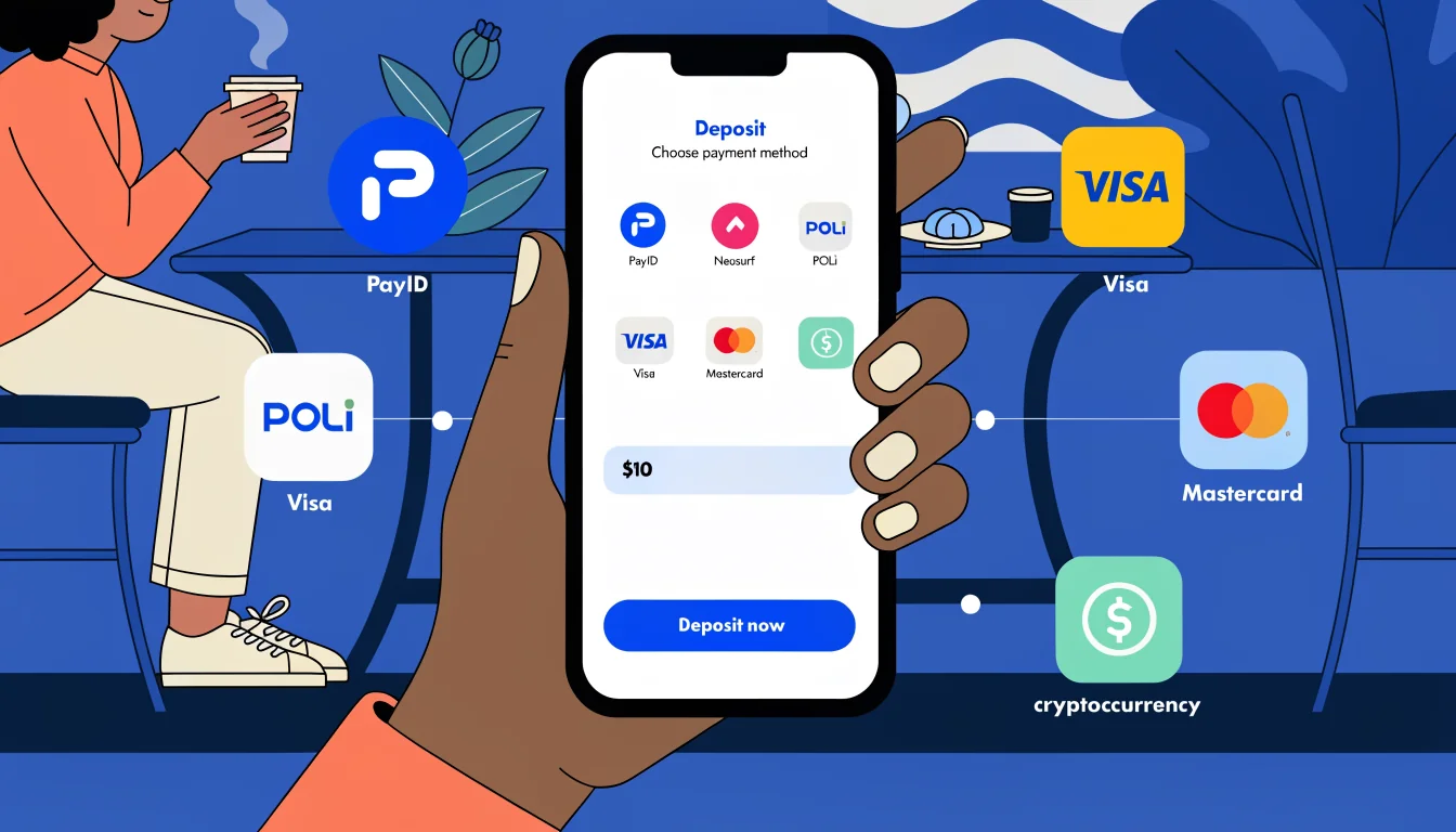 Hand with phone showing multiple Australian payment method icons