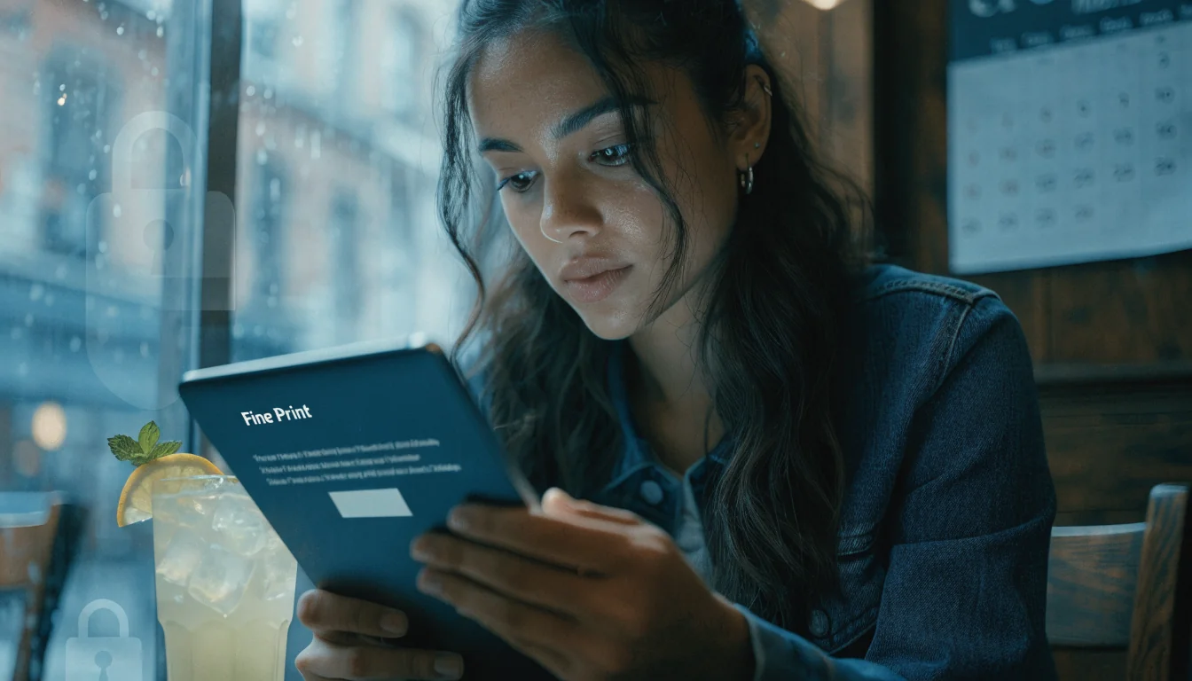 Woman reviewing casino offer terms on tablet