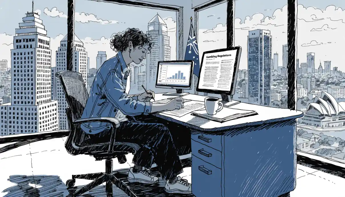 Australian office scene with gambling regulation documents