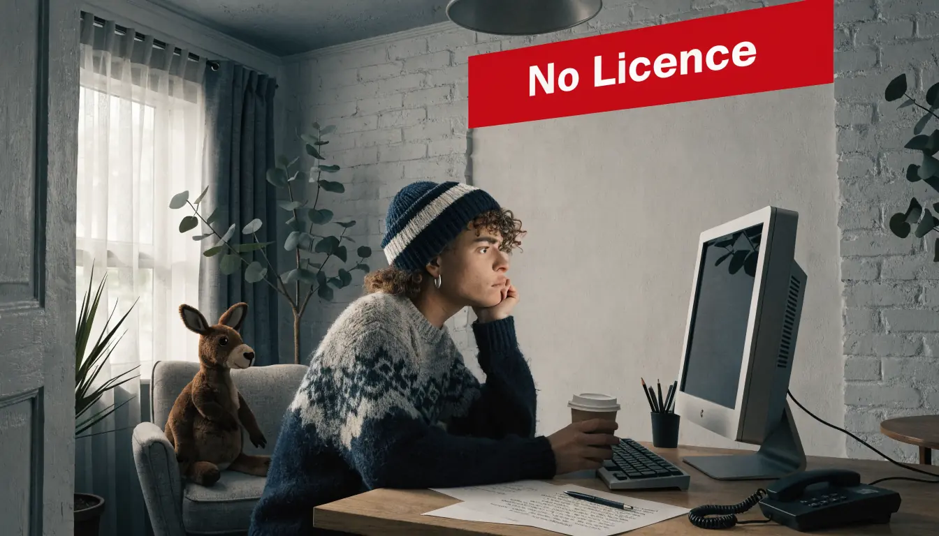Person at computer facing empty wall with red 'No Licence' sign