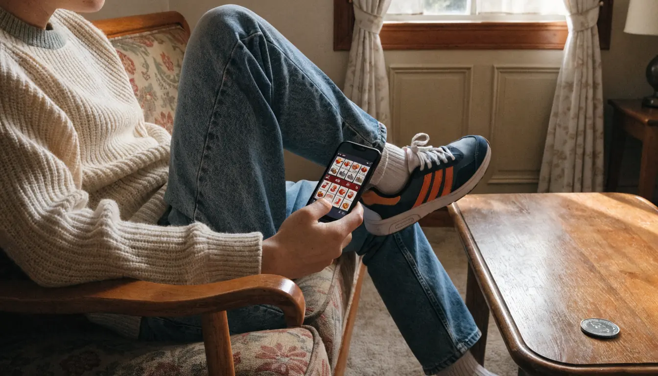 Person on couch using phone with casino game, $2 coin nearby