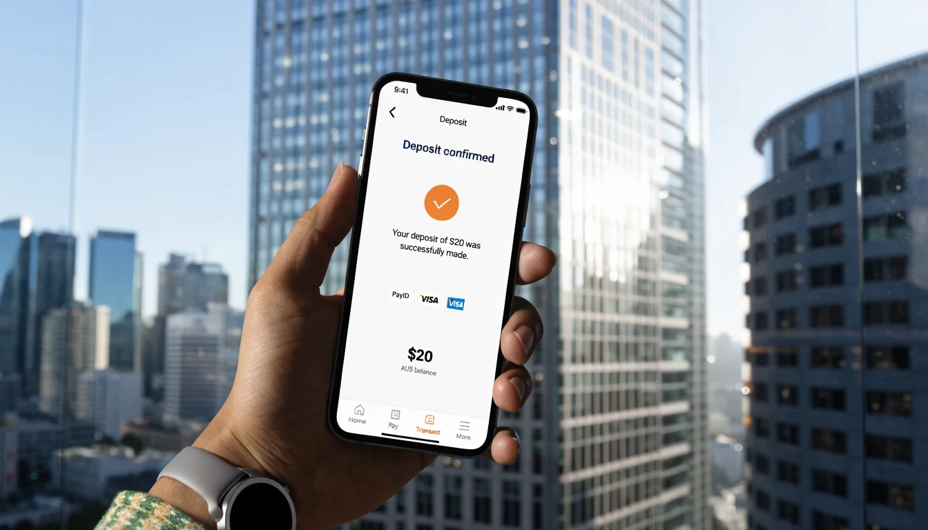 Hand with smartphone confirming $20 mobile deposit