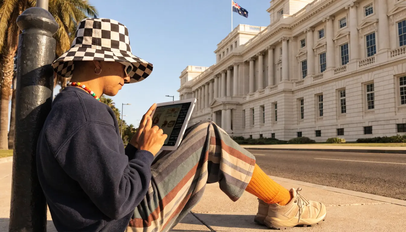 Darwin government building with person using tablet