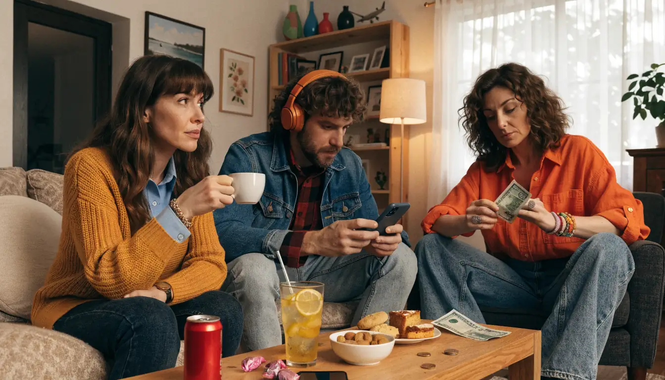 Three people in a living room representing different low‑budget poker players