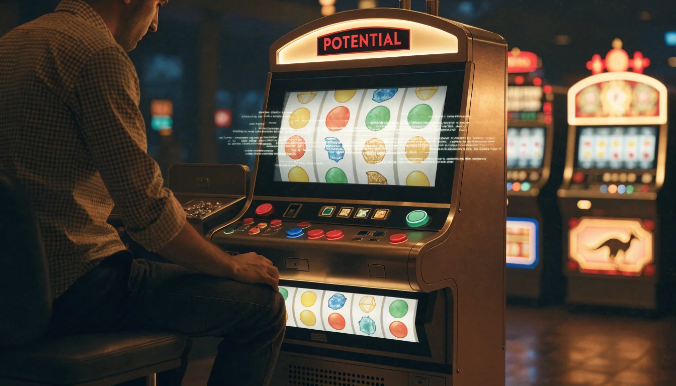 Pokie screen with code overlay and vibrant symbols