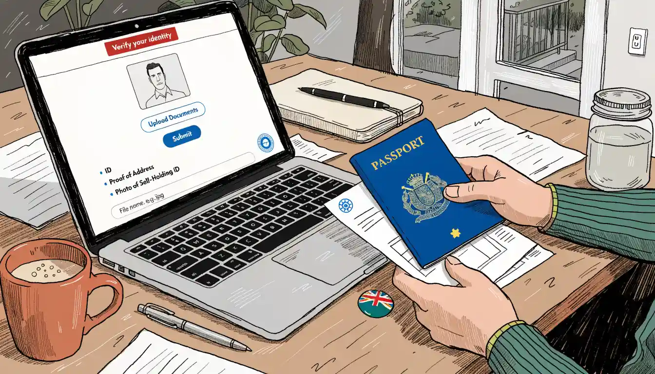 Desk with laptop, passport and bill for casino ID verification