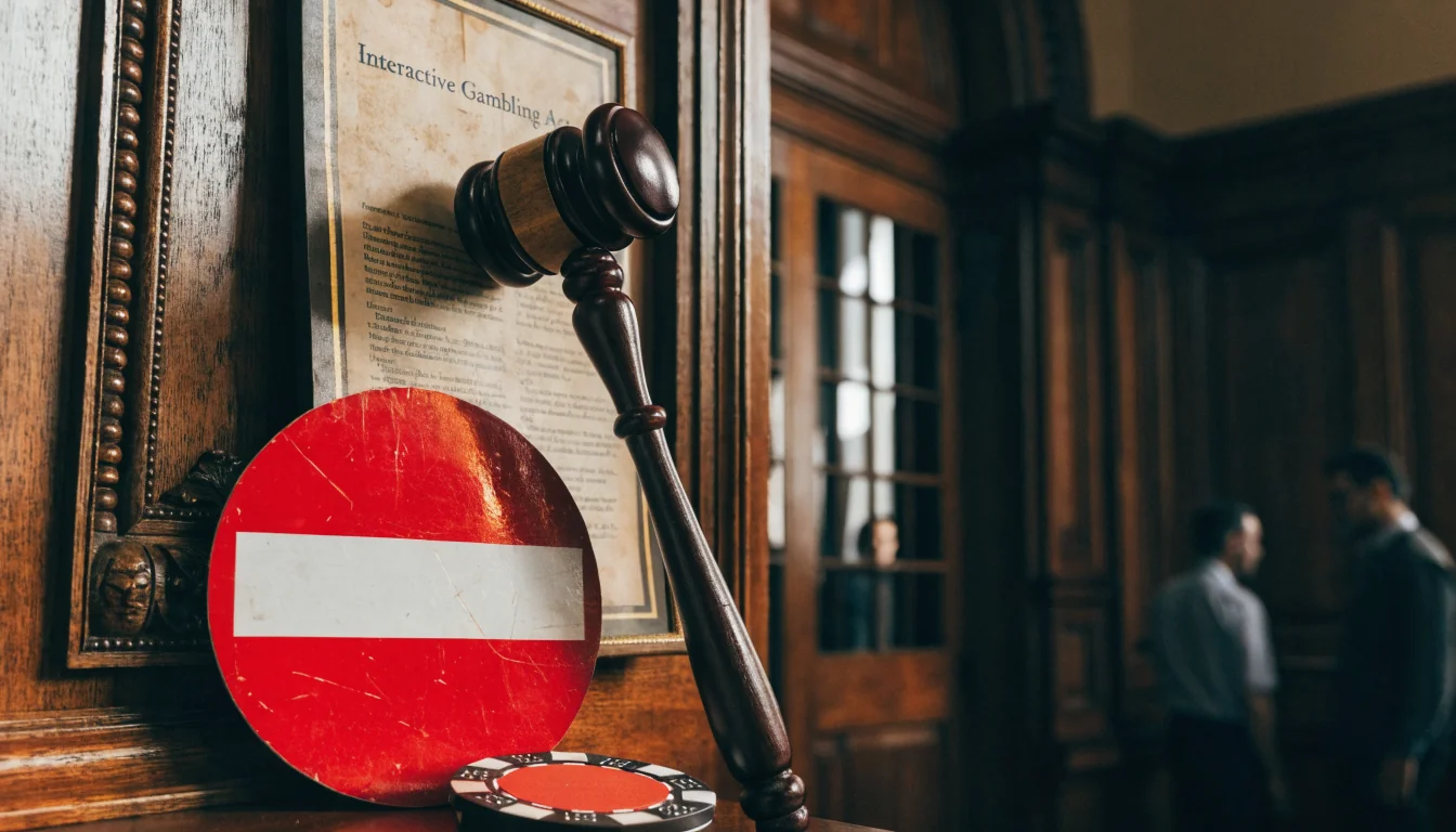 Courtroom scene with law document and casino chip prohibition