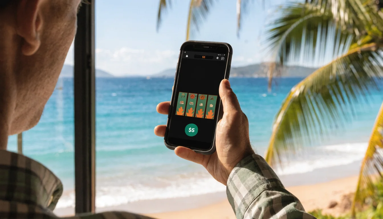 Smartphone showing casino game with $5 chip