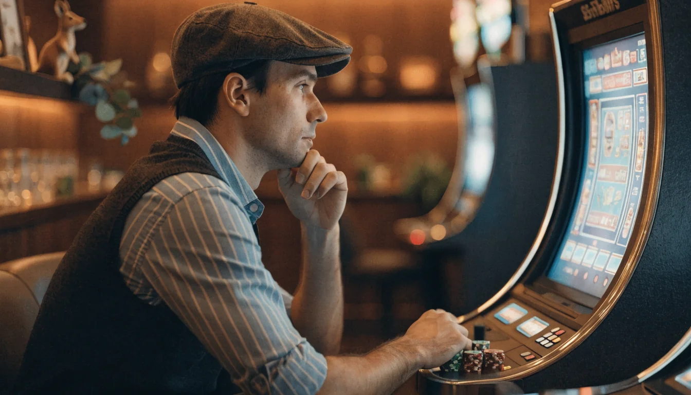 Player calmly managing chips at a slot machine