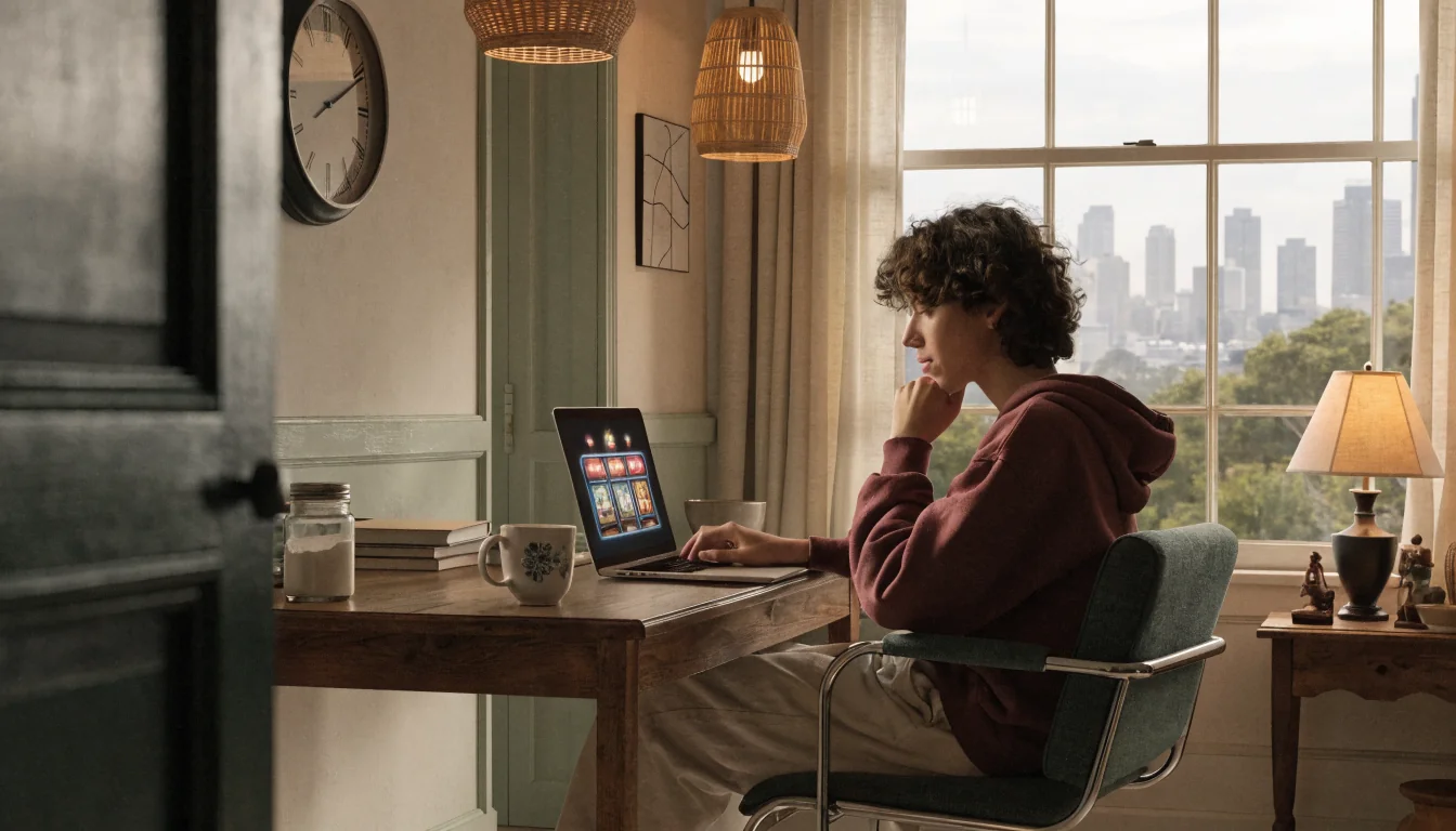 Person using laptop with spinning slot reels in cozy room