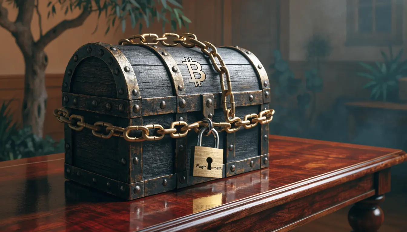 Closed treasure chest chained with a padlock labeled Wager Requirement.