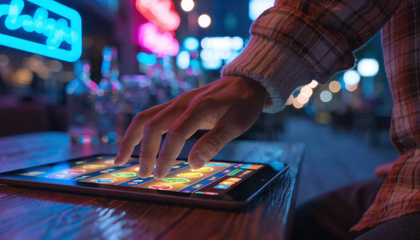 Hand hovering over virtual slot machine on tablet