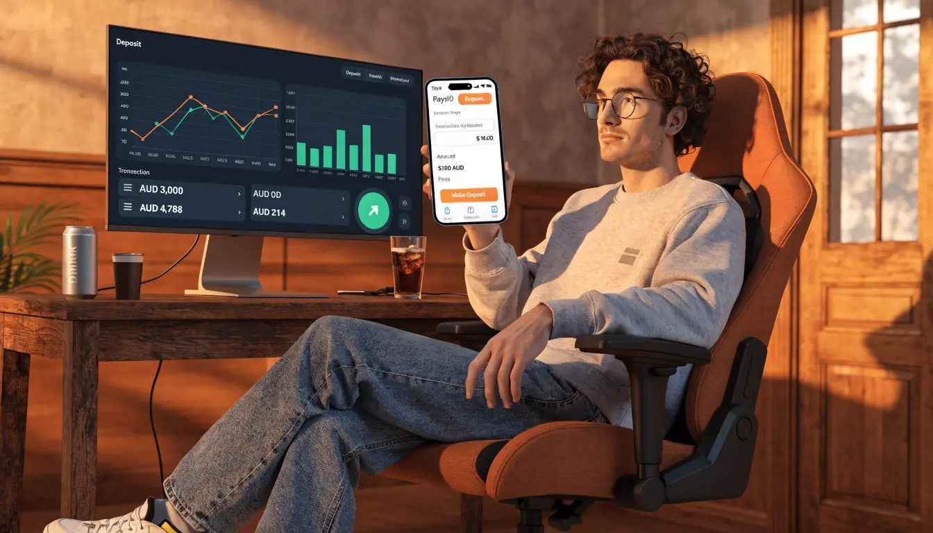 Australian player using PayID on smartphone beside casino dashboard