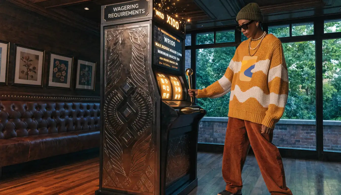 Player at glowing slot machine with holographic wagering terms