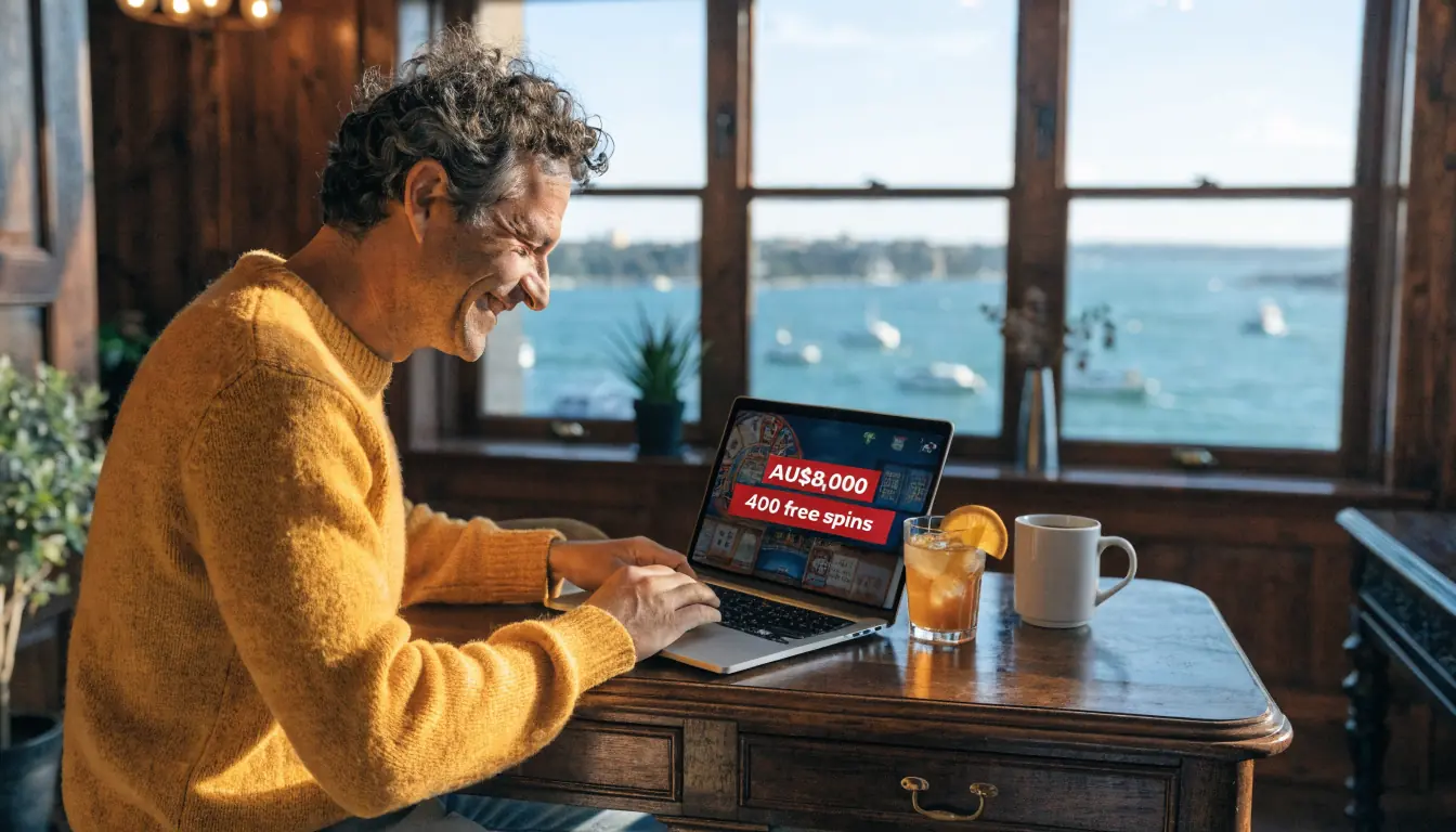 Australian player viewing AU$8,000 bonus with free spins on laptop