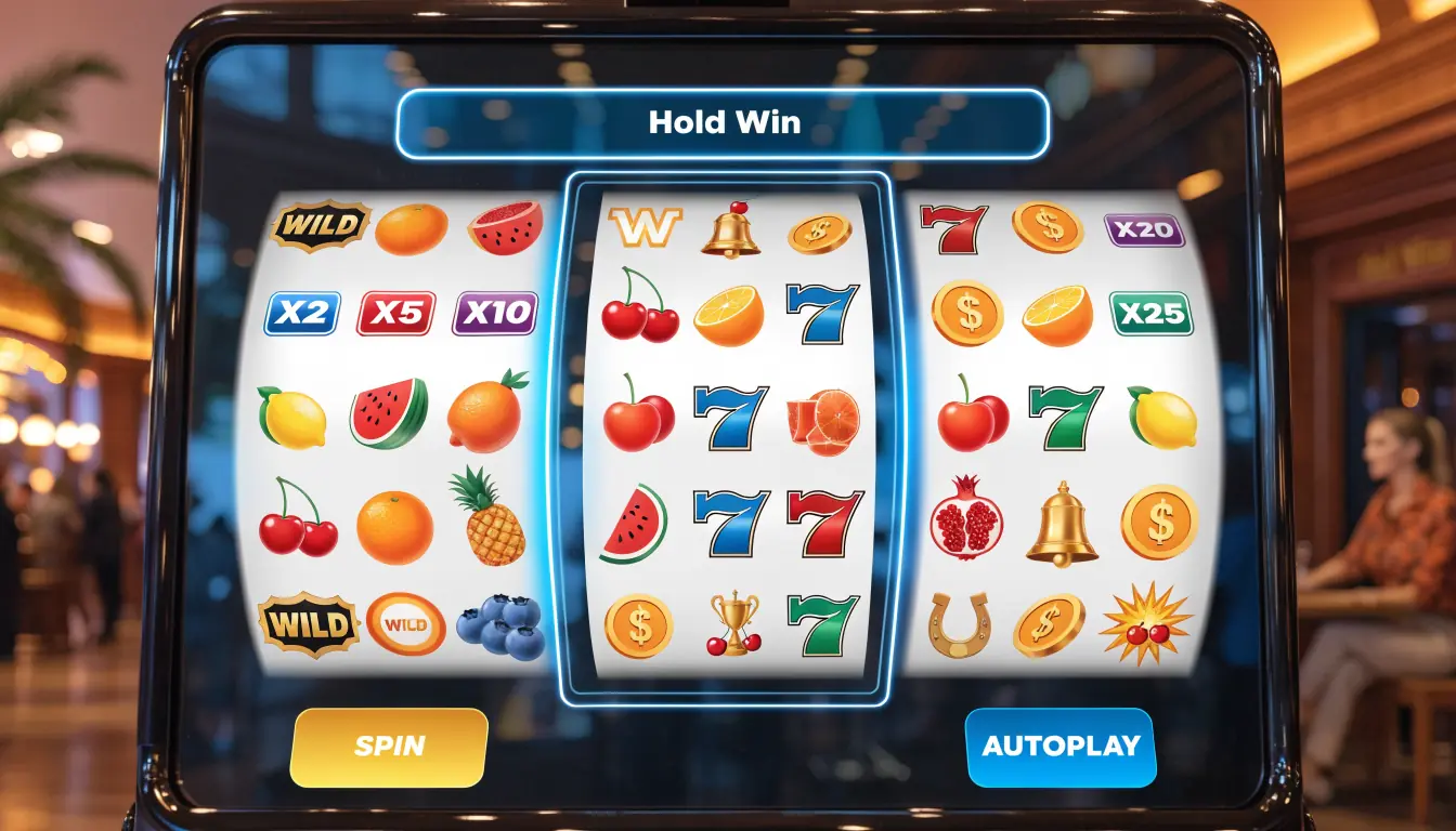 Close-up of 3-reel slot showing wild and multiplier symbols