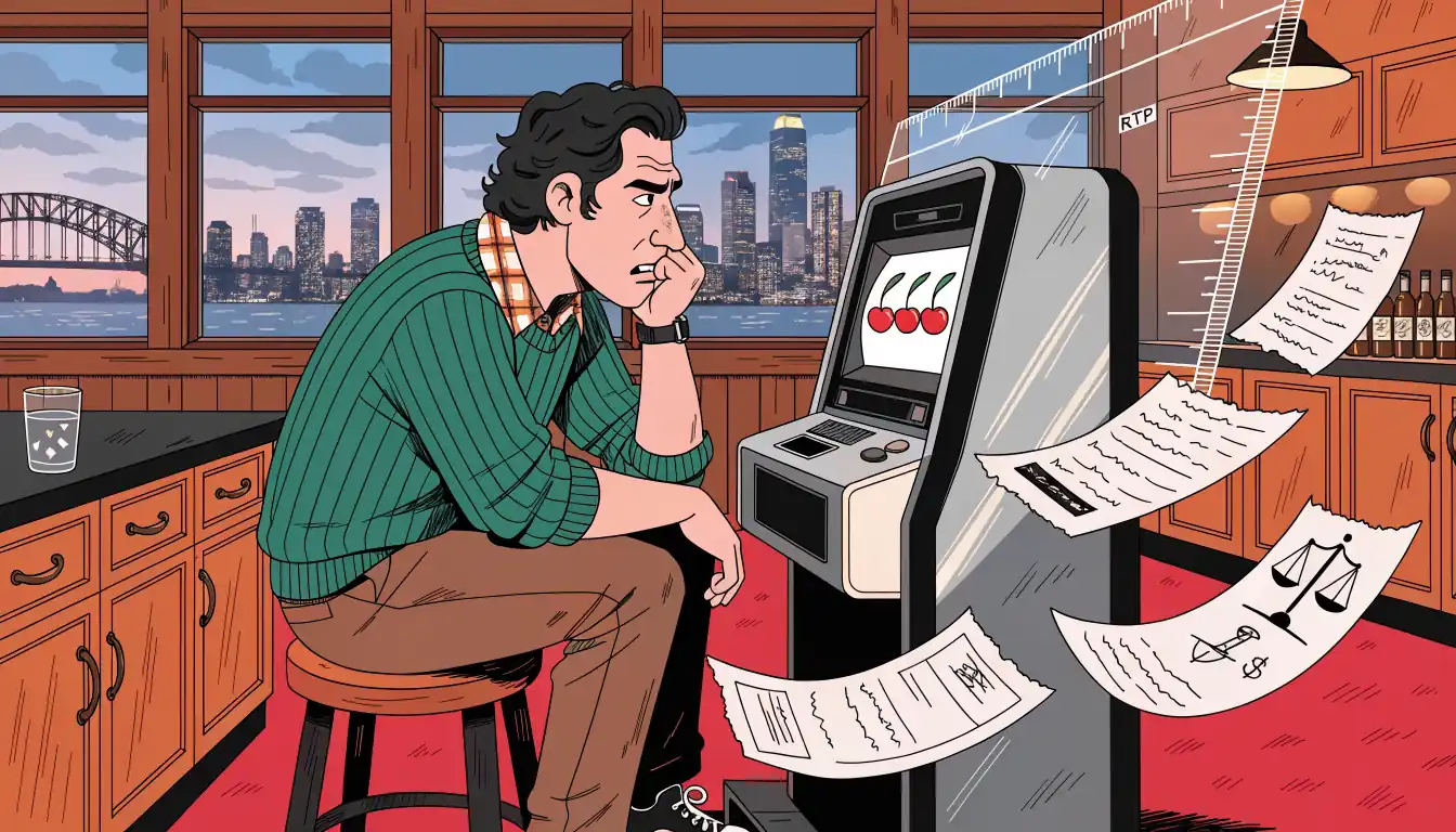 Player reviewing RTP info at an Australian pub slot machine