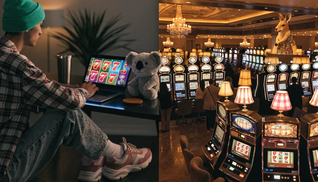 Split scene of online gaming and Perth casino slots