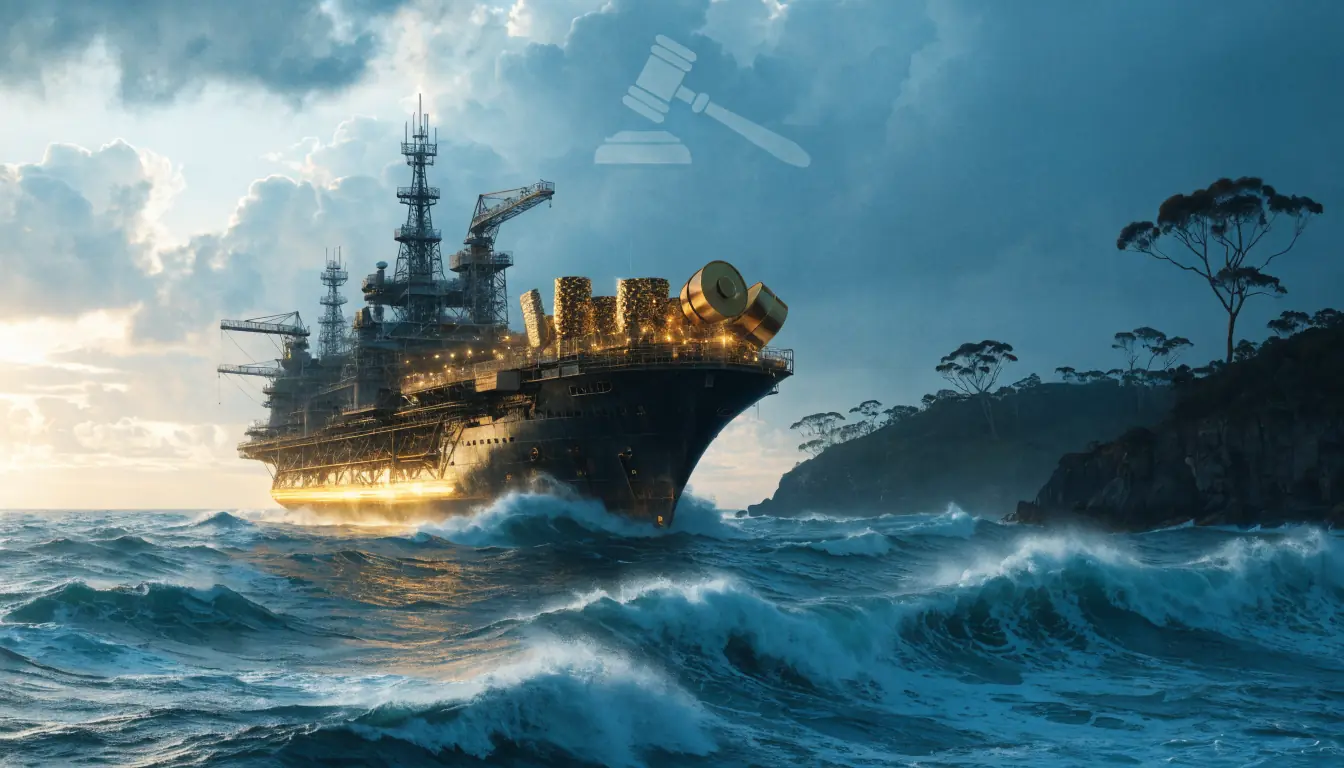 Casino ship with chips sailing toward Australian coast under sunrise