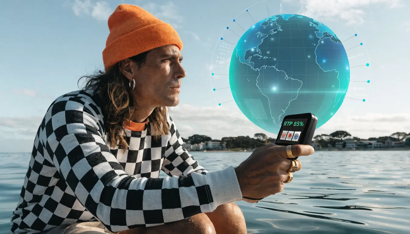 Surfer viewing holographic offshore casino globe with slot game