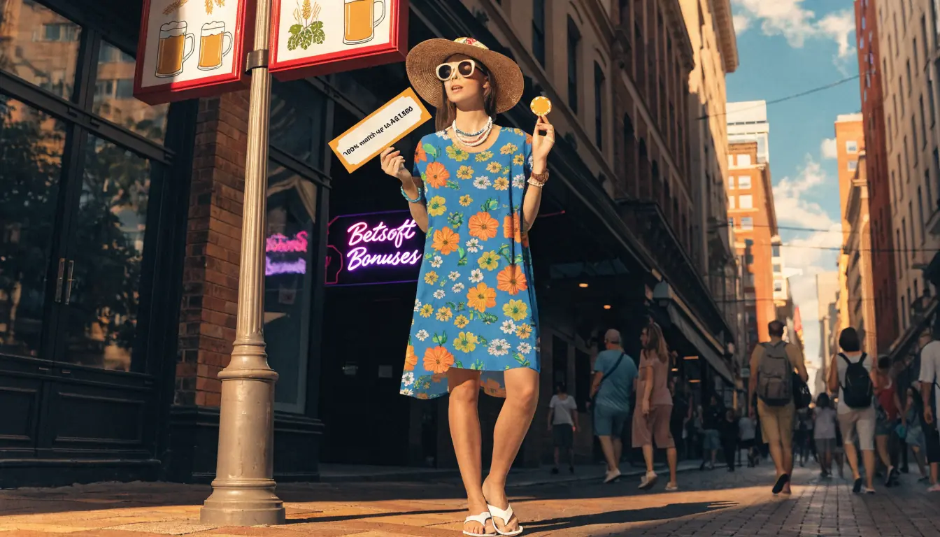 Australian woman with casino chip and bonus voucher near neon Betsoft sign