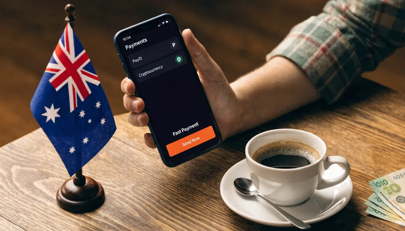 Hand with phone showing PayID and crypto payment icons