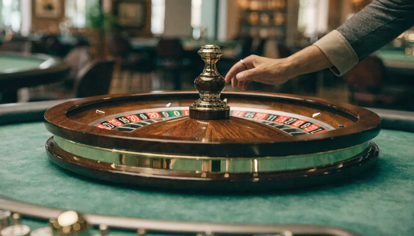 European roulette wheel with single zero on casino table