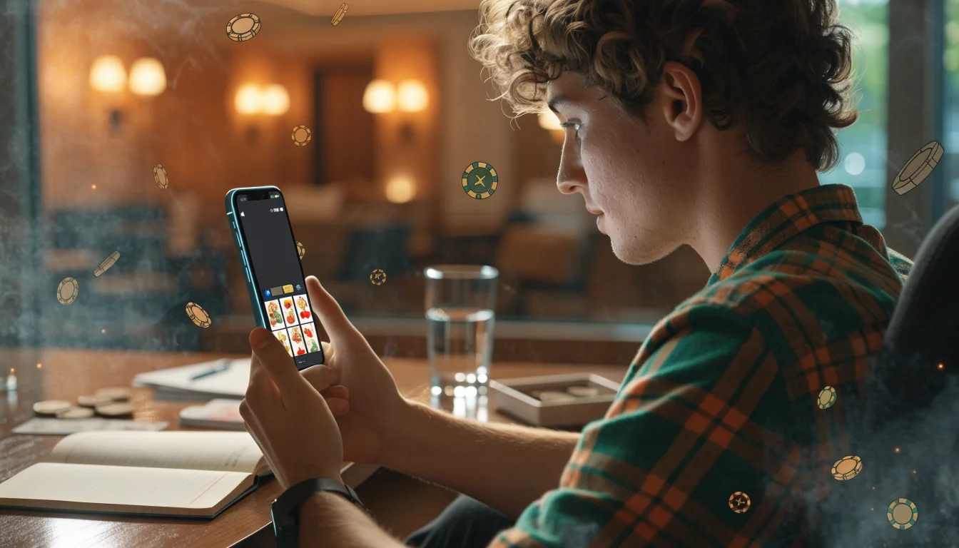Smartphone showing spinning slot reels during free‑play promotion