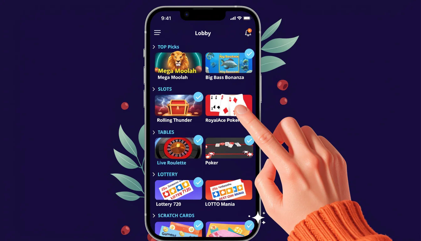 iPhone casino lobby with large vertically scrolling game tiles