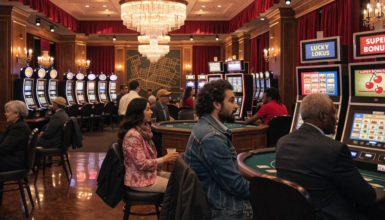 Busy casino interior with slot machines and gaming tables.