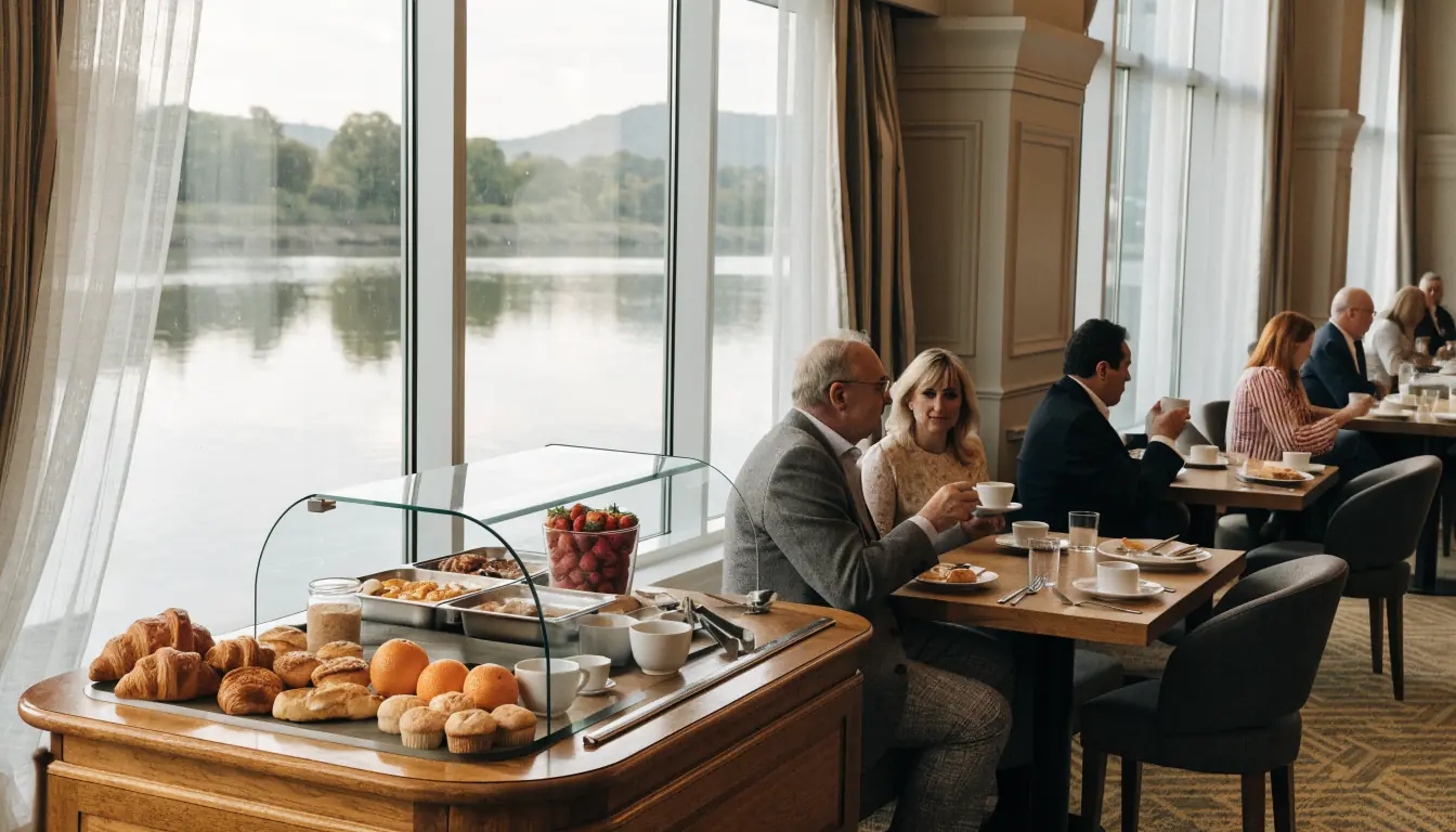 Bright casino restaurant breakfast setting with guests and food.