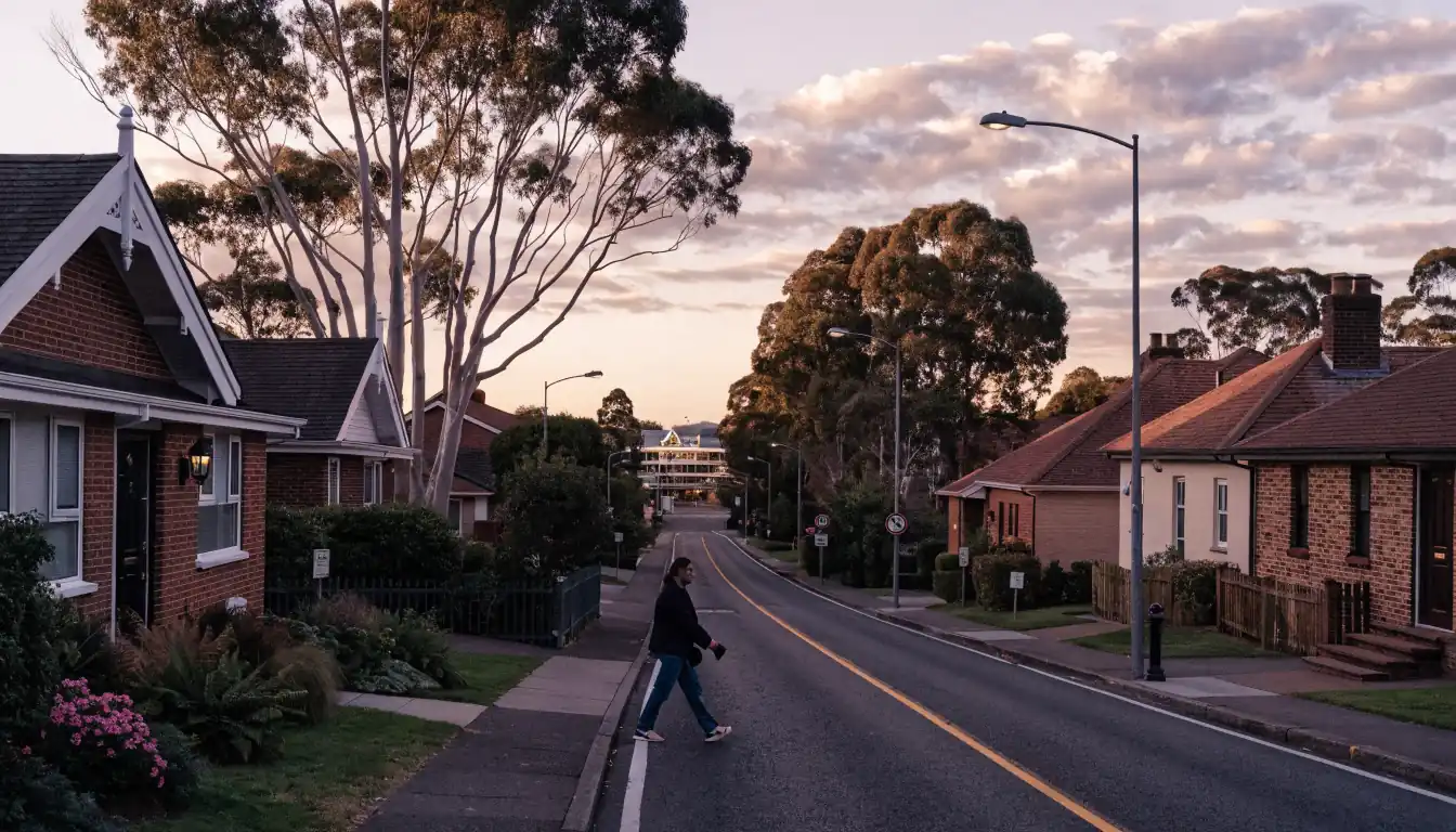 Pedestrian walking toward distant casino on Canberra street at dusk.