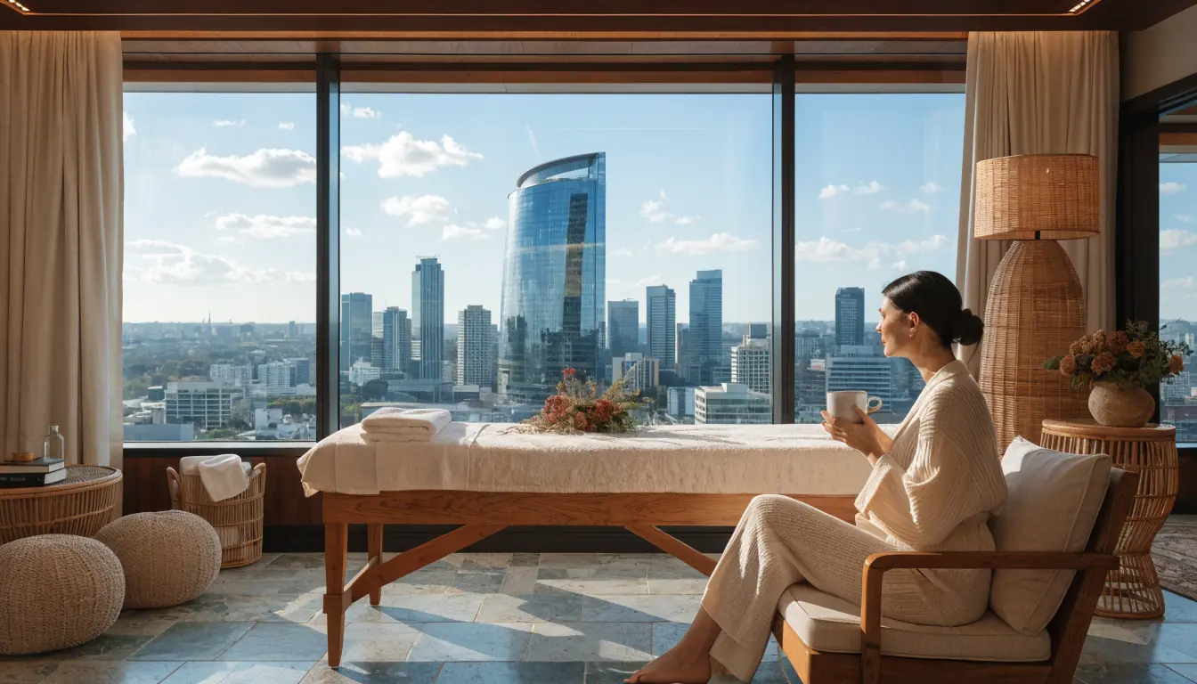 Luxurious Canberra spa interior with city view, no gambling signs.