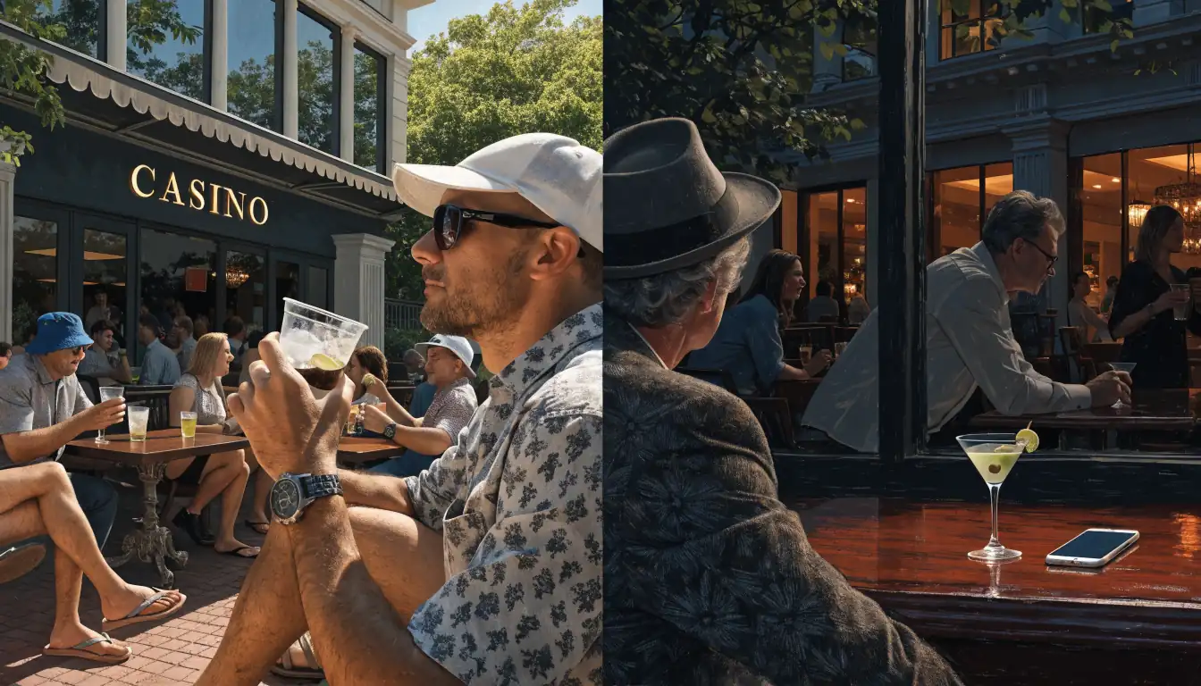 Day and night scenes of Darwin casino showing dress code differences