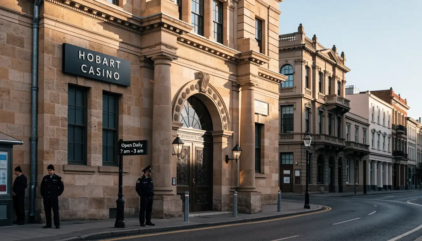 Hobart Casino entrance with security and signage at dawn