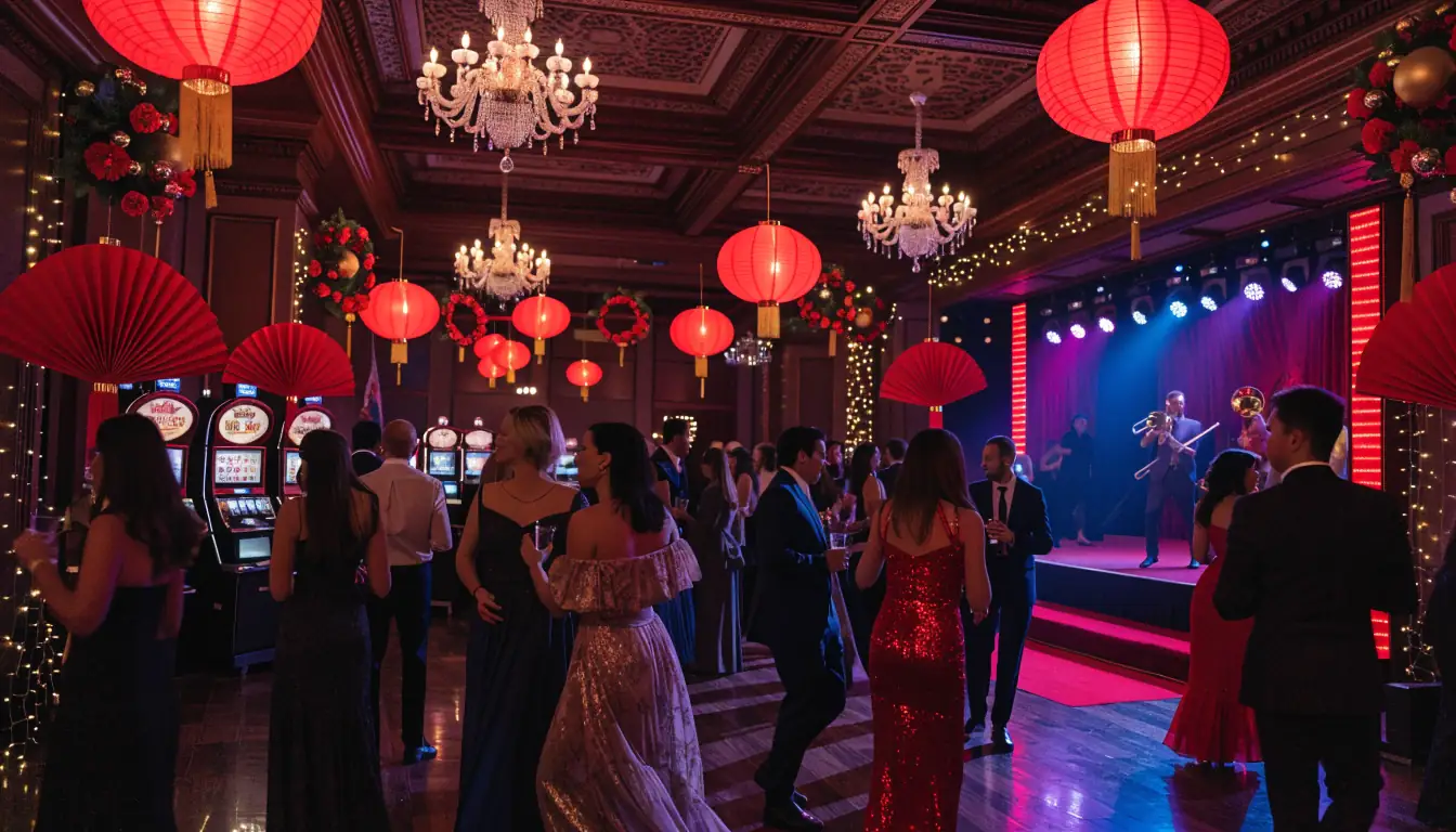 Festively decorated casino floor with live performance in Melbourne