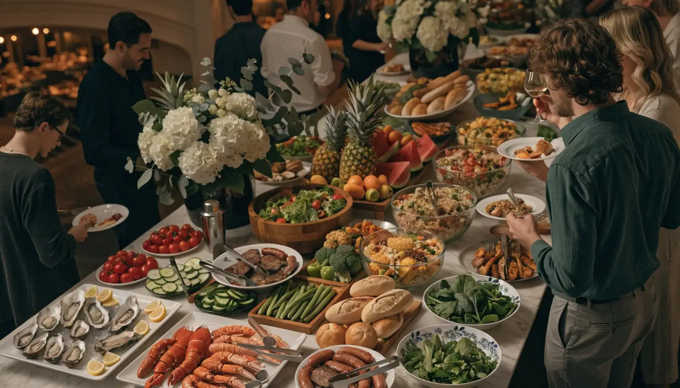 Luxurious casino buffet with tropical dishes and guests