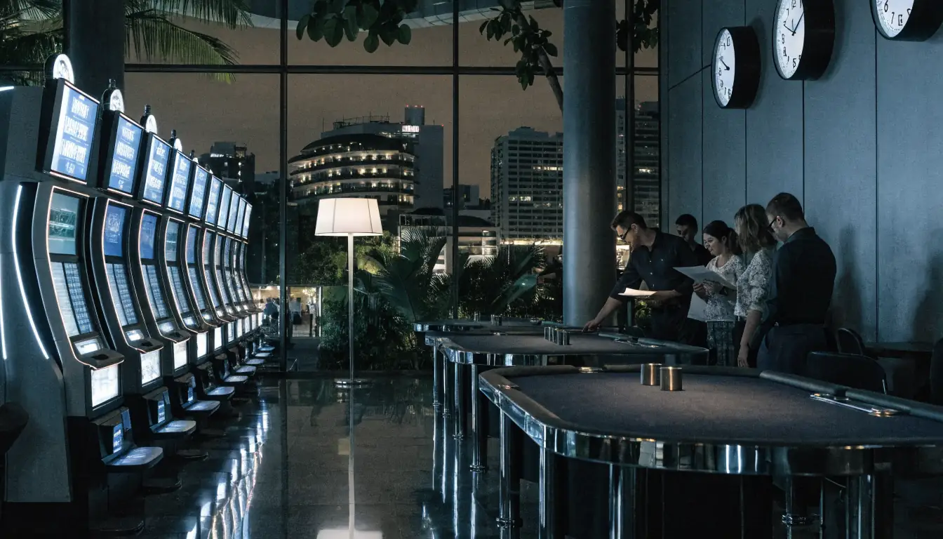 Empty Queensland casino floor with wall clocks and soft lighting