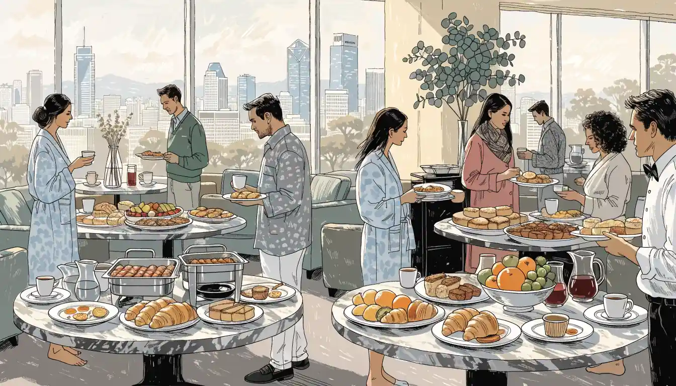 Casino hotel breakfast buffet with guests in robes