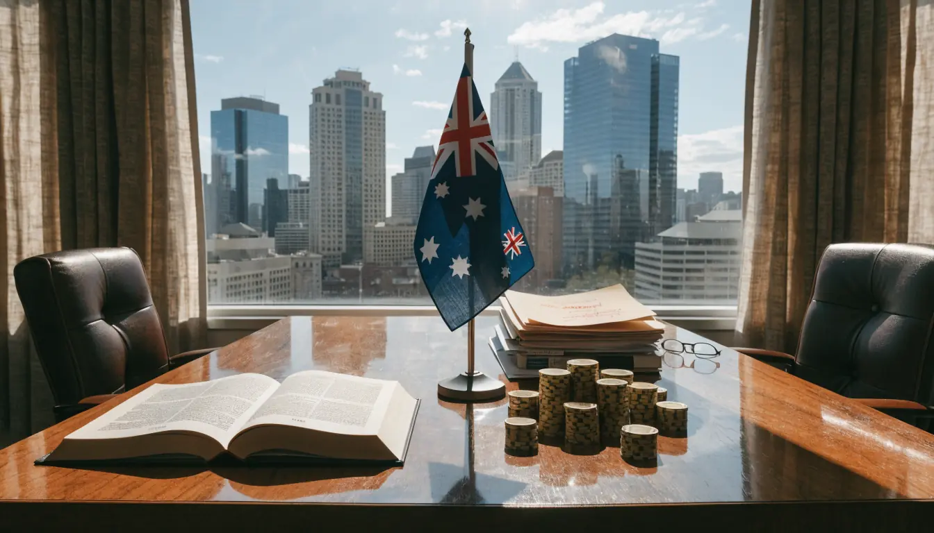 Legal desk with Australian law book, flag, and casino chips