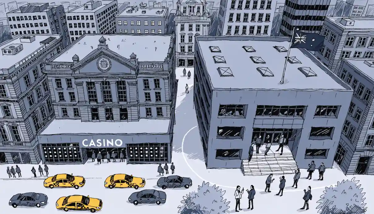 State and federal buildings representing casino regulation in Australia