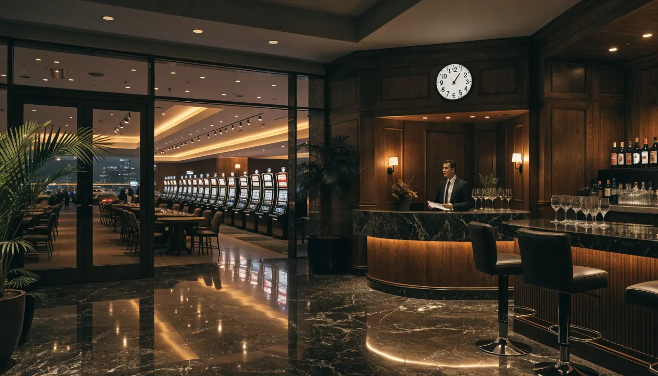 Nighttime casino interior with front desk and ambient lighting