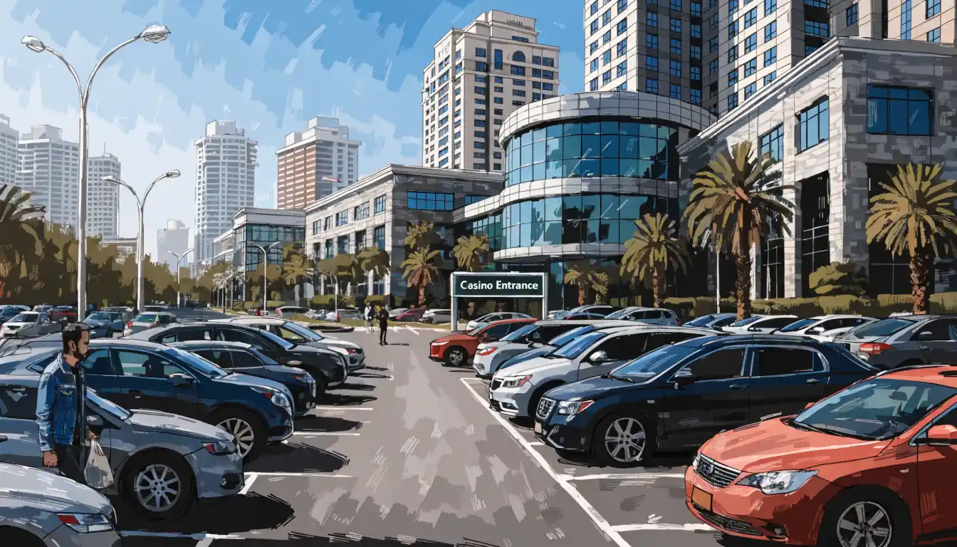Spacious casino parking lot with cars and palm trees