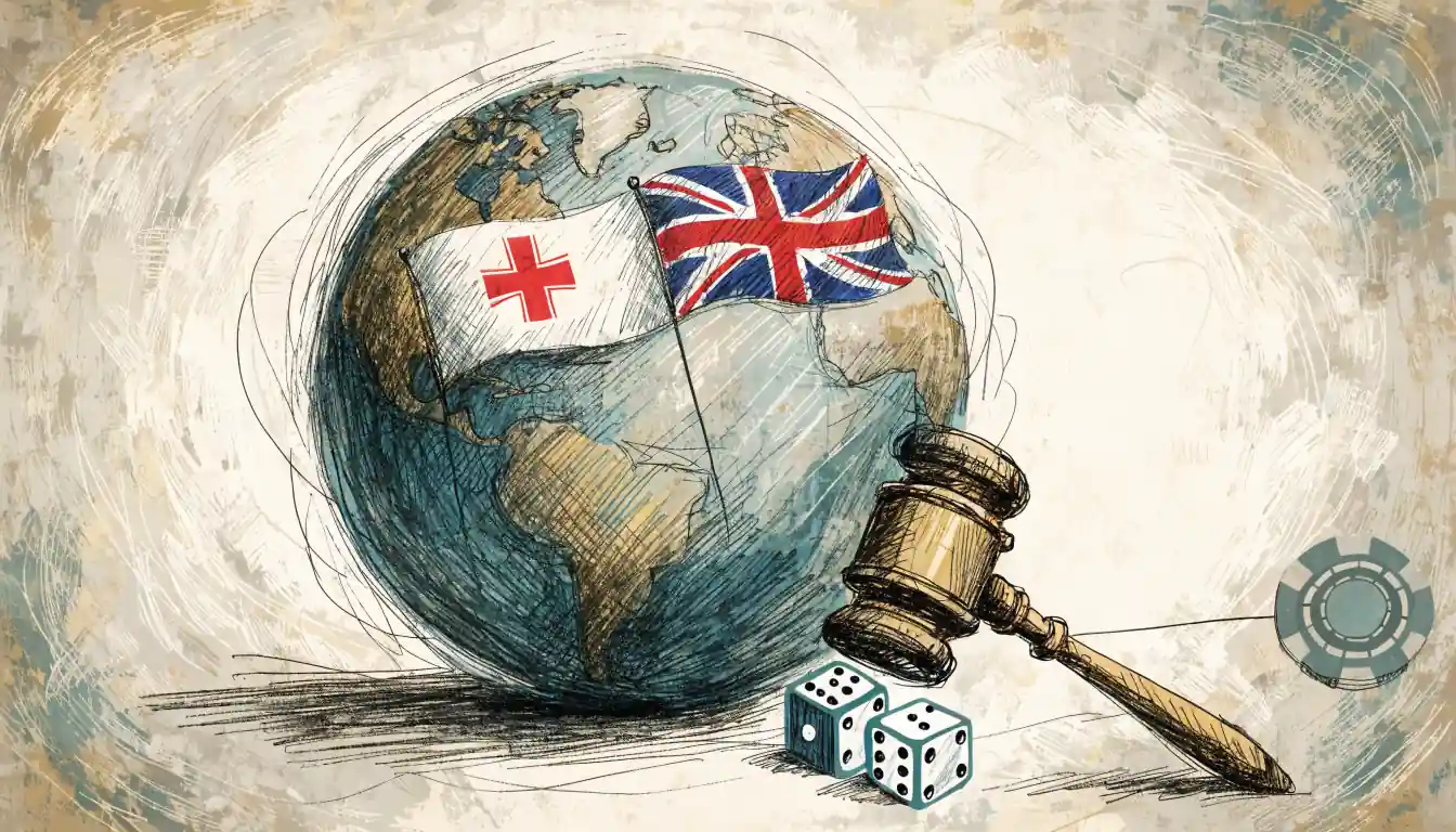 Globe with Malta and UK flags, gavel and dice