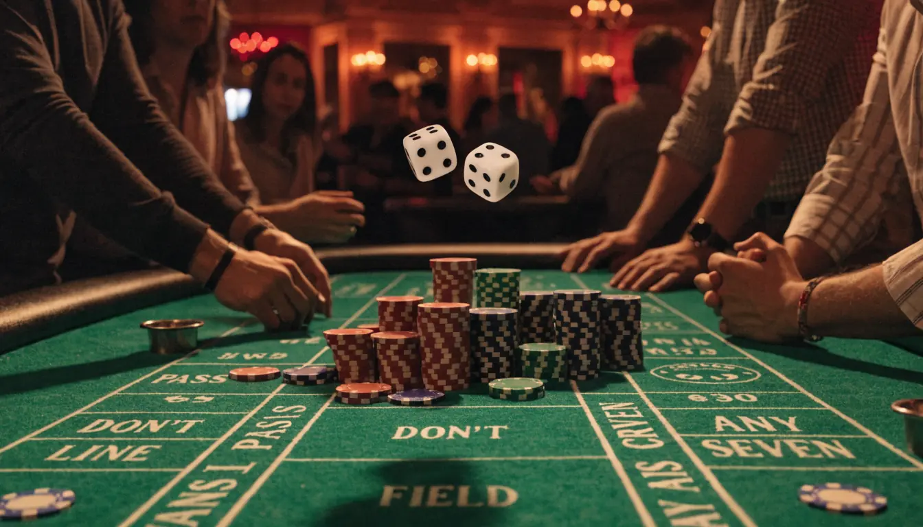 Craps table with rolling dice and chips