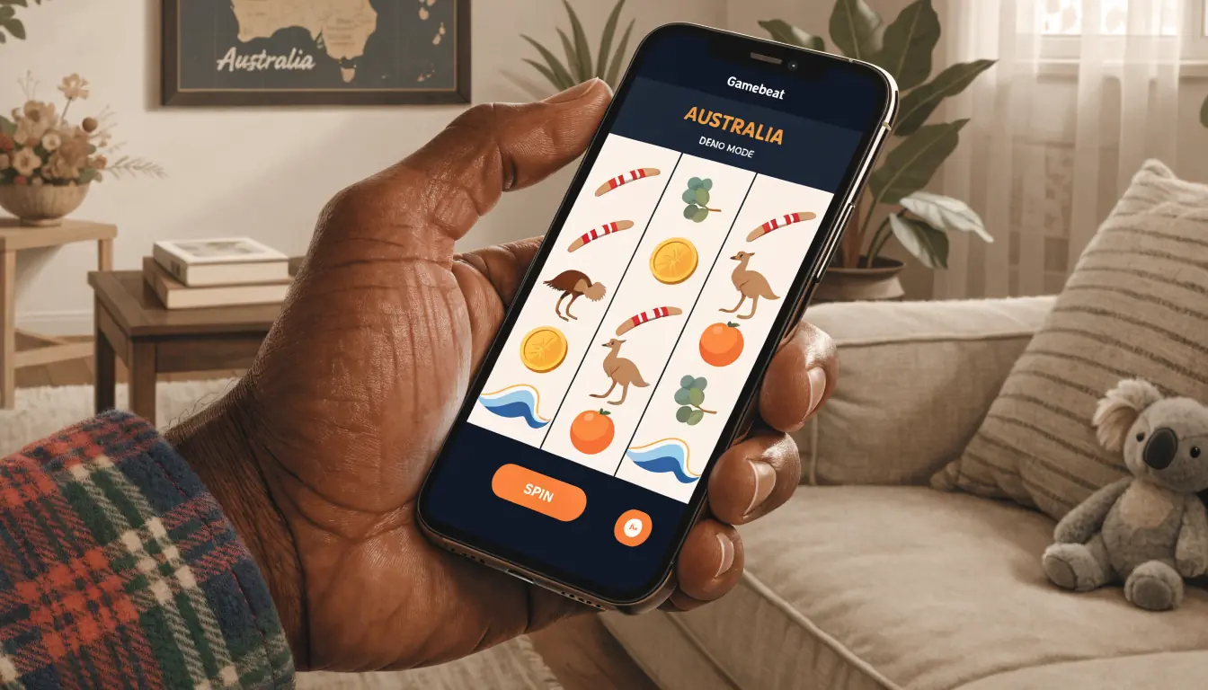 Hand holding phone with spinning slot demo in Australian living room