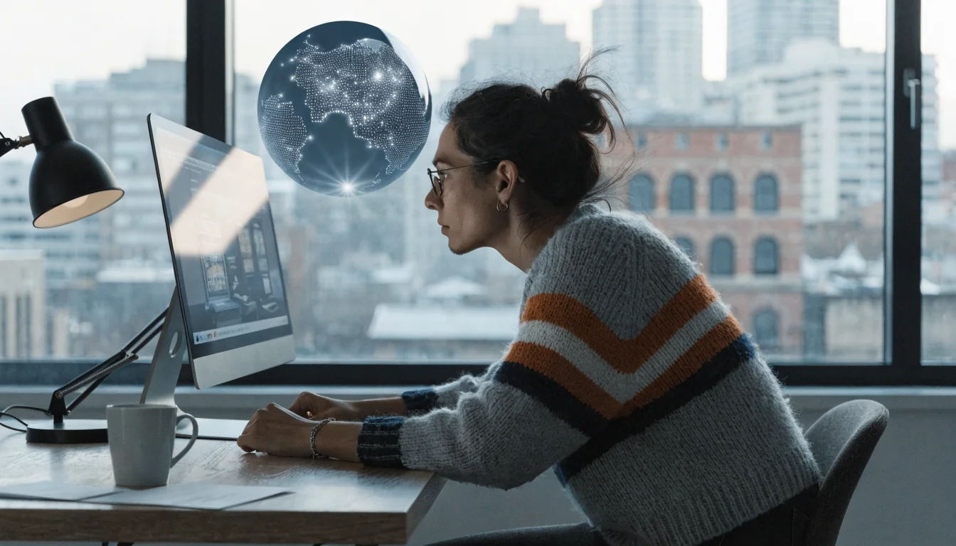 Home office with computer and globe suggesting offshore casino