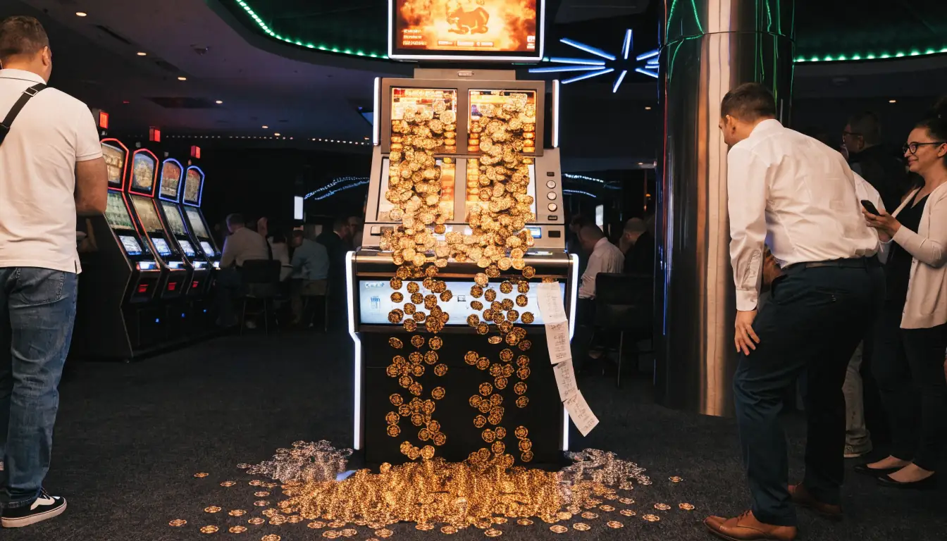 High‑roller slot machine with glowing display and chips