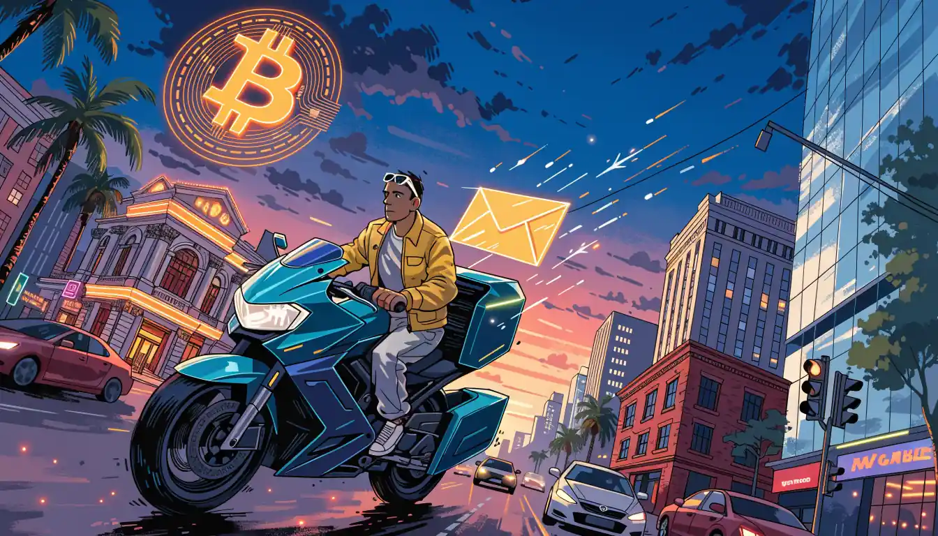 Futuristic Aussie city with Bitcoin symbol and fast crypto payout theme